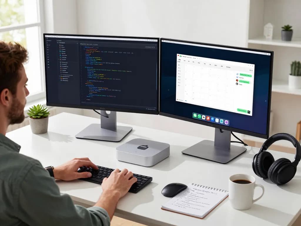 Person using a Mac mini to operate ClawdBot in a modern workspace with dual monitors and coding interface.