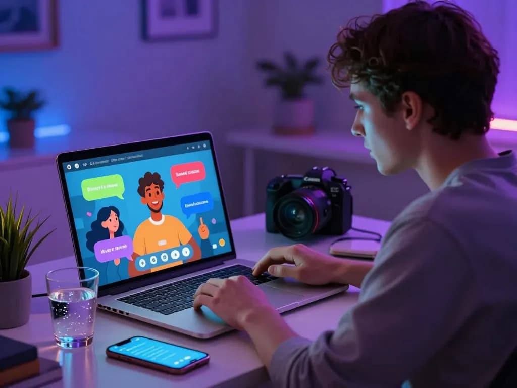 Engaging in nsfw ai chat with animated characters on laptop in cozy light.