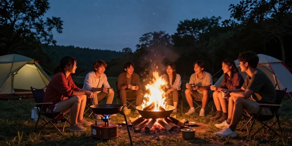 Gathering around a campfire with cast iron cookware in outdoor setting, enjoying rokok88 slot experiences.
