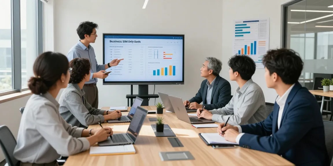 Compare business SIM only deals UK in a modern office conference setting with professionals collaborating over plans.