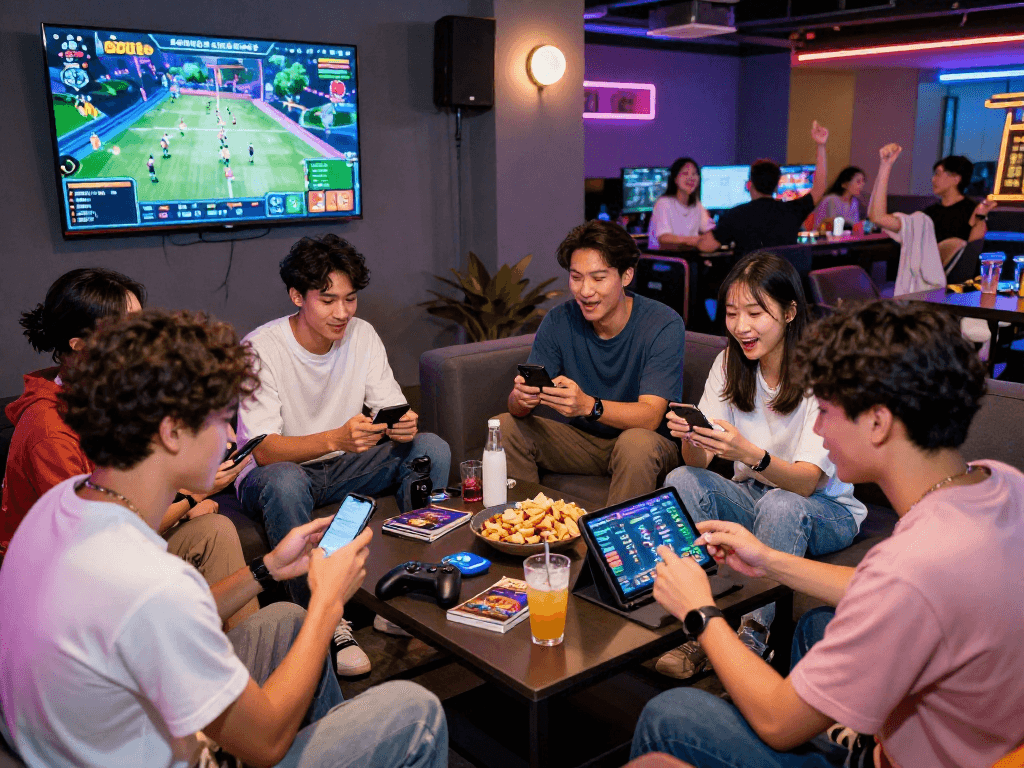 Engaged group enjoying gaming in a lounge featuring the oxbet app interface and interaction.