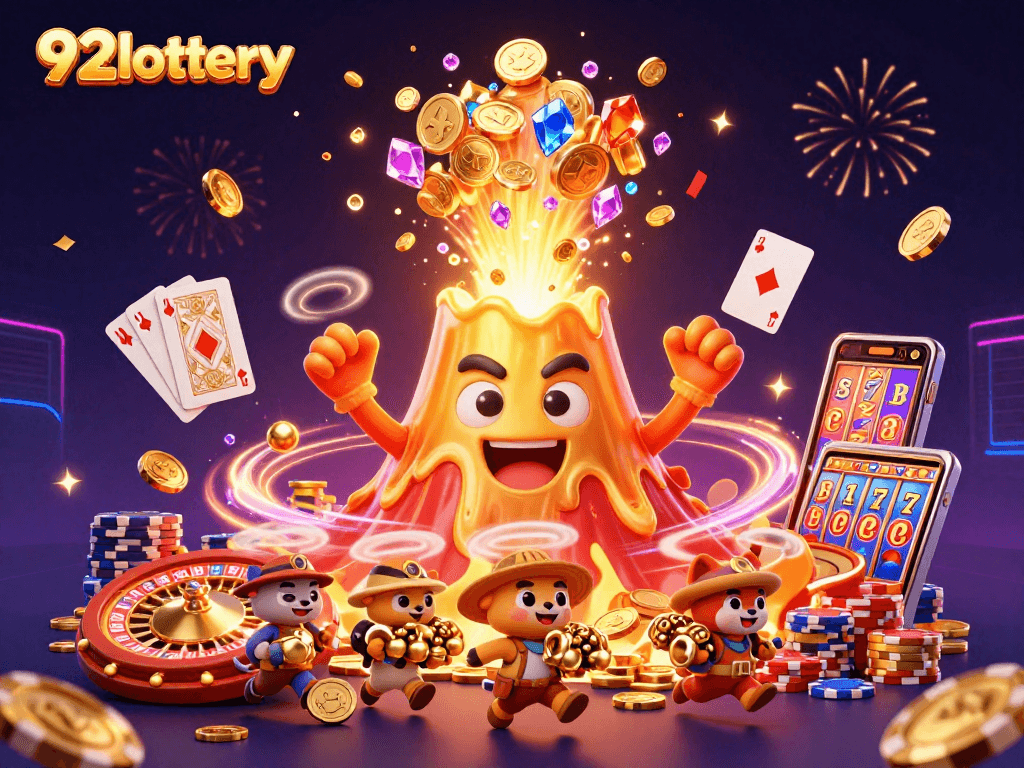 Experience the thrill of 92lottery with a vibrant 3D illustration of a golden volcano erupting treasures in a lively casino scene.