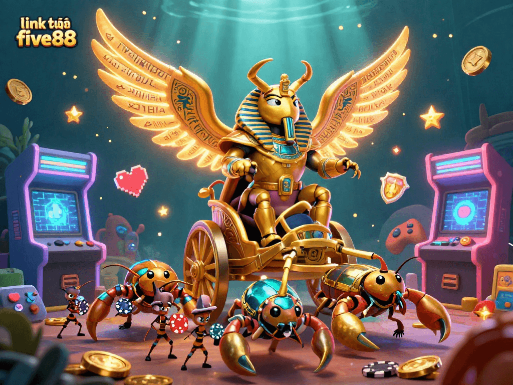 Spin with the vibrant energy of link vào five88, featuring a colossal scarab beetle and dynamic gaming elements.