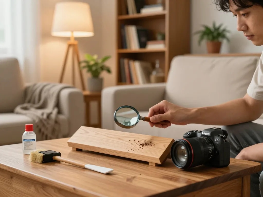 Ispezionare i mobili in legno per eliminare tarli con strumenti in un'accogliente soggiorno