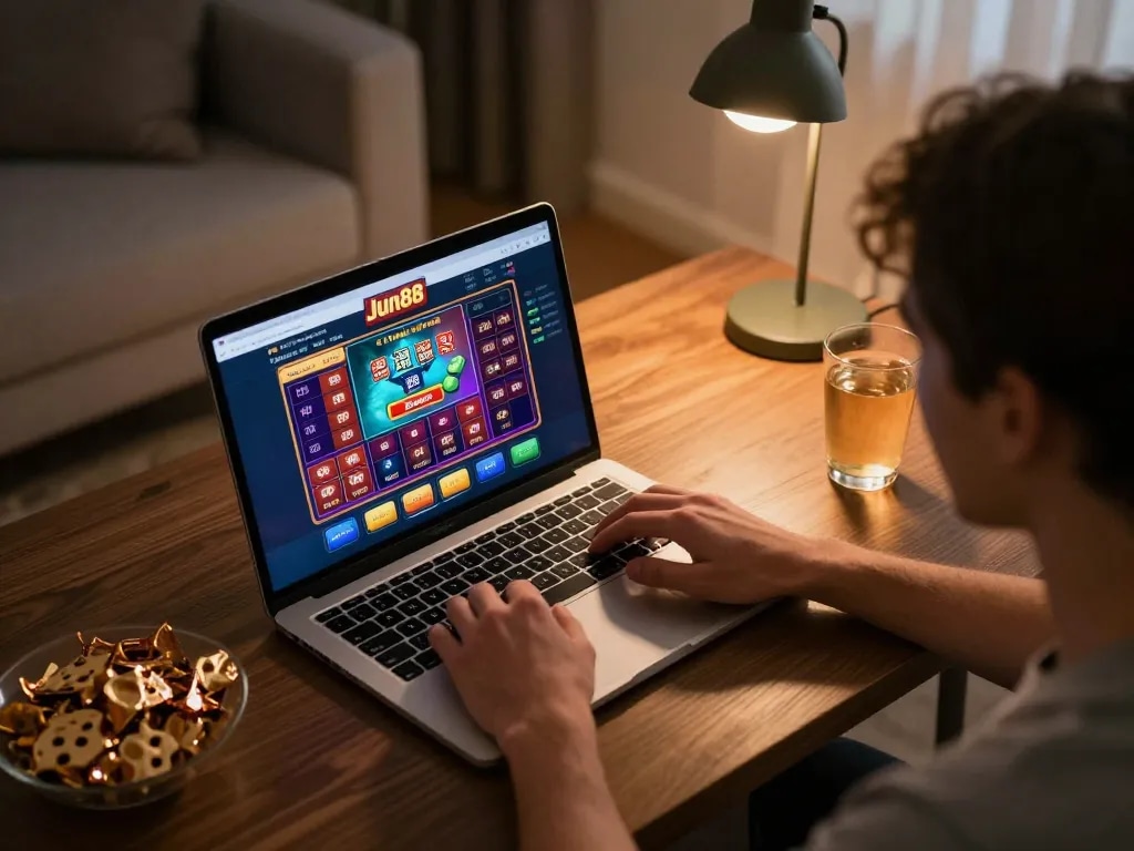 Engaging in strategic betting on Jun88 platform in a cozy home setup, highlighting online gambling excitement.