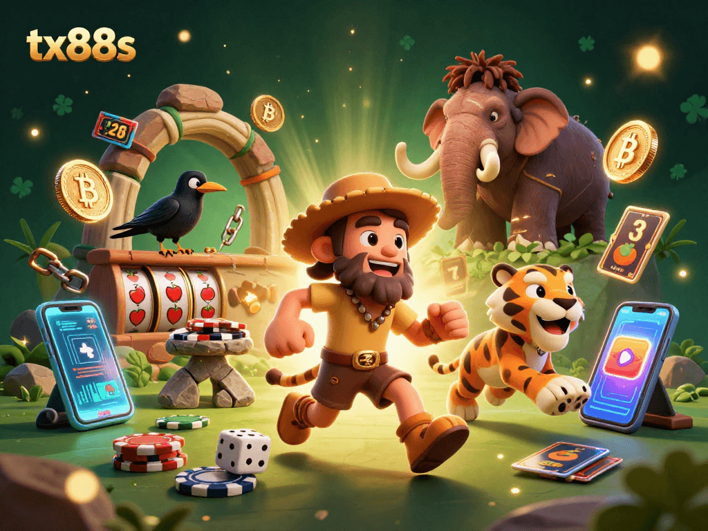 Join tx88s adventure in a vibrant prehistoric casino with engaging Bitcoin and Ethereum elements.
