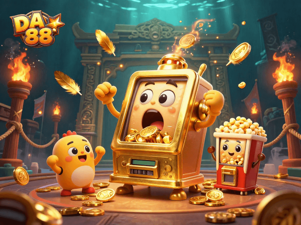 Experience the thrill of DA 88 as a golden slot machine wins big, showering coins everywhere.
