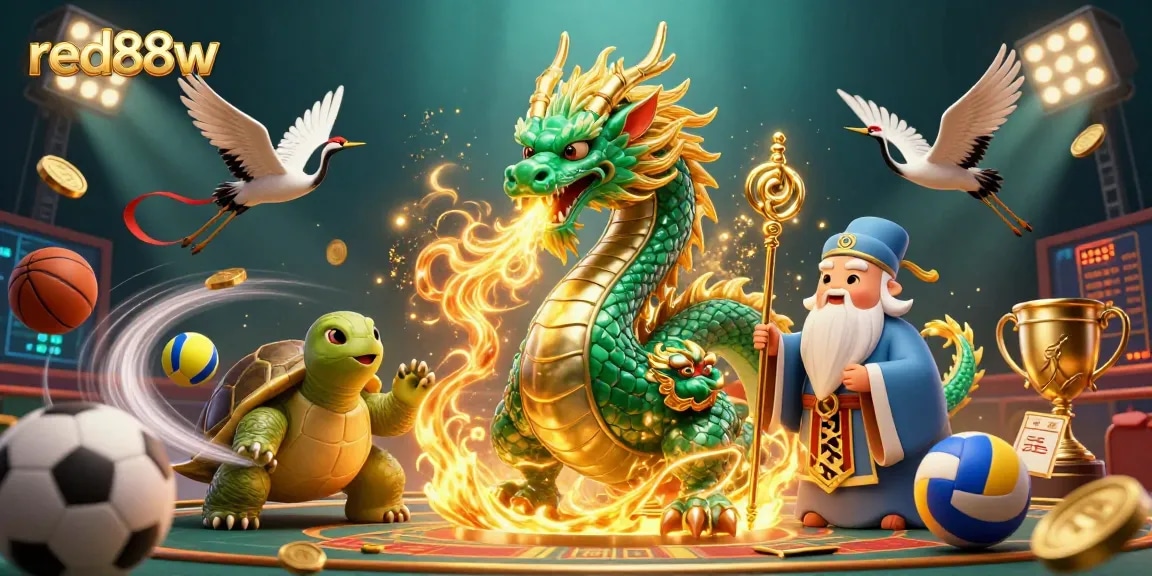 Experience dynamic gaming thrills at red88w with jade dragon and lucky symbols in a vibrant casino setting.