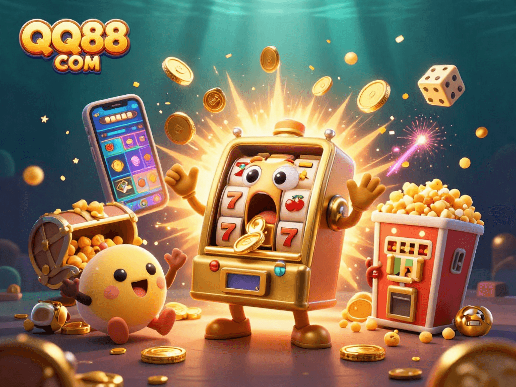 Win big at QQ88 COM with a thrilling jackpot scene featuring golden slot machines and vibrant casino elements.