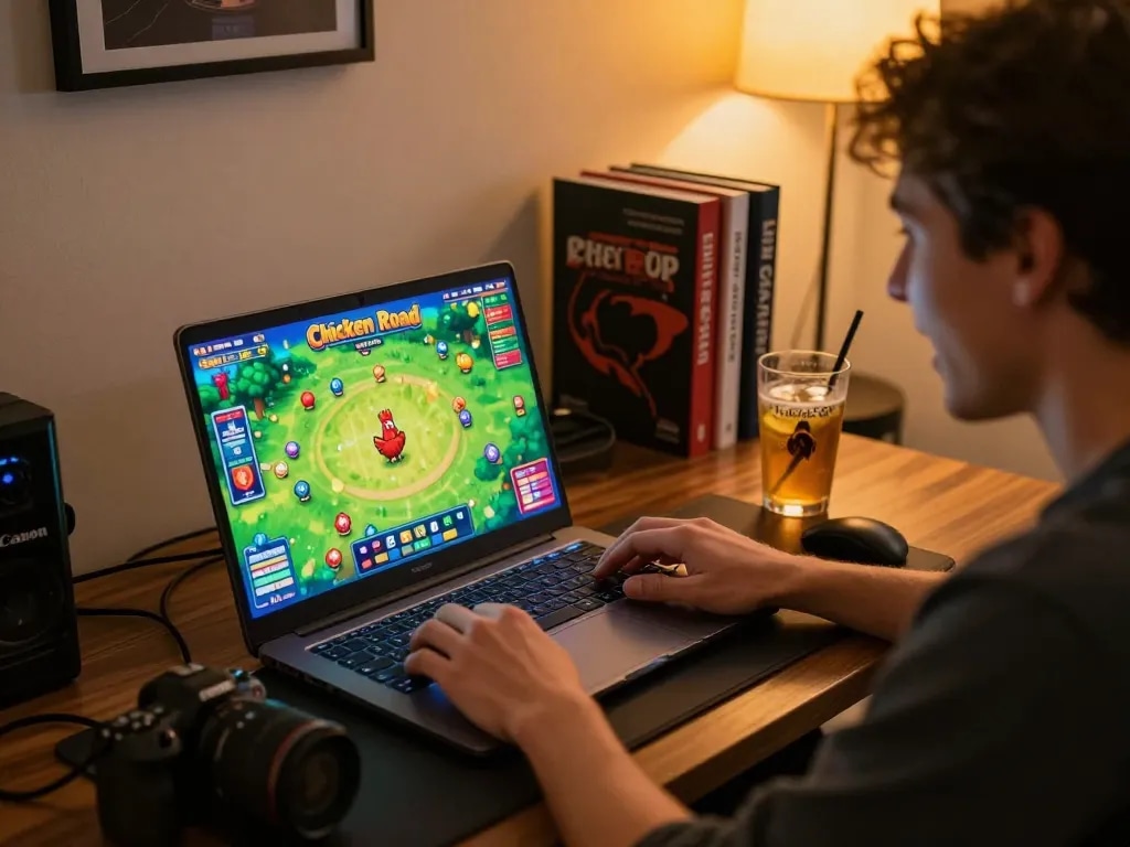 Giocatore immerso in Chicken Road recensioni mentre gode di una sessione di gioco online a casa.