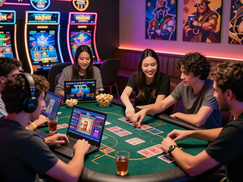 Friends enjoying games at MM88 online casino with vibrant atmosphere and interactive screens