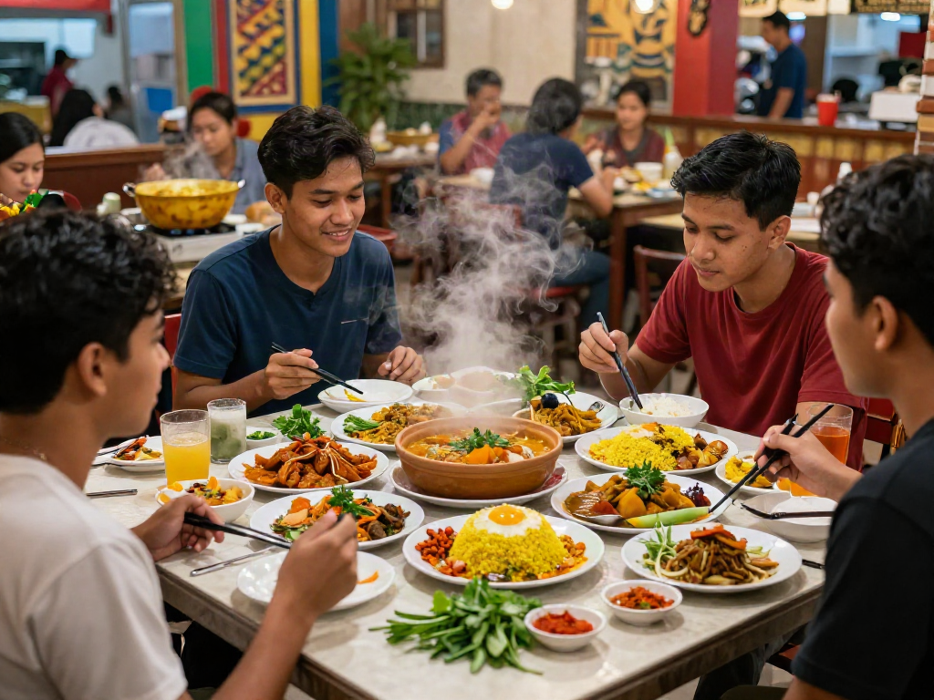 Nasi Kandar dining experience featuring rokok88 slot login with friends enjoying vibrant dishes.