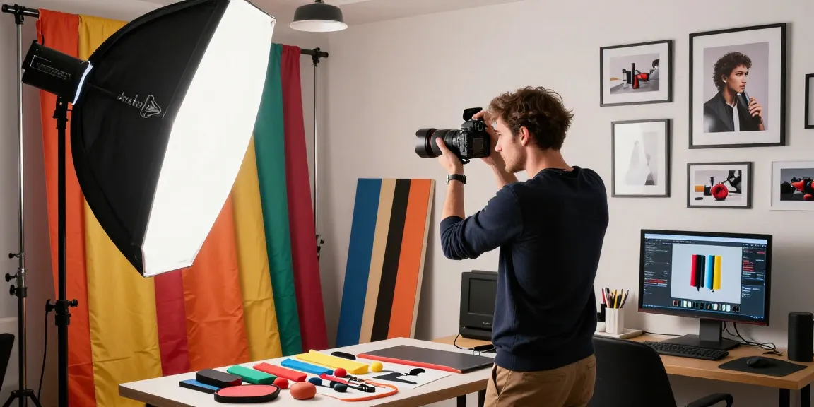 Scena affascinante di un Fotografo Commerciale a Milano in azione, che cattura creativamente fotografie di prodotti in uno studio urbano.
