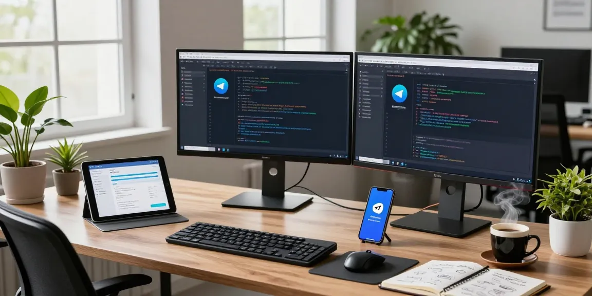 Download Telegram app displayed on multiple screens in a modern workspace with tech gadgets and a productive atmosphere.