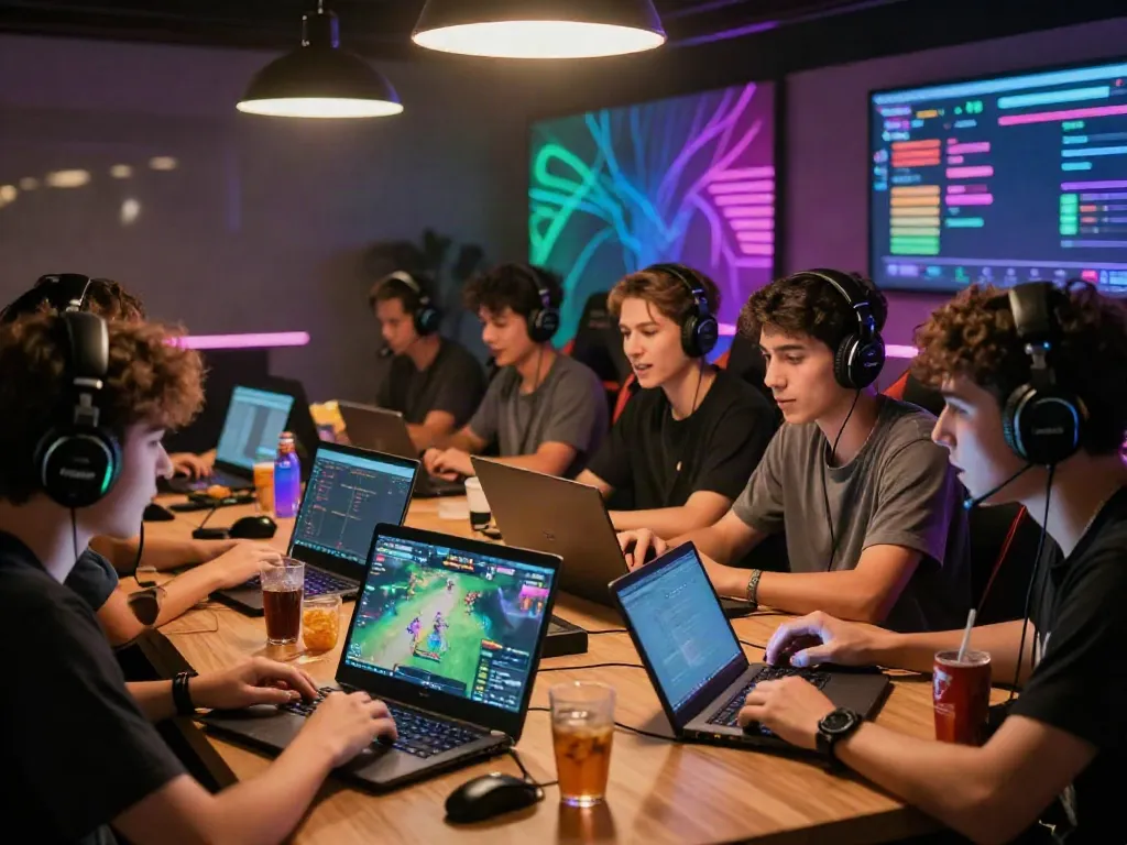 Exciting gaming session with friends showcasing the rokok88 link on vibrant screens and a lively atmosphere.