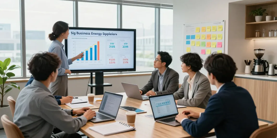 Team meeting focused on big six energy suppliers, analyzing pricing strategies for businesses.