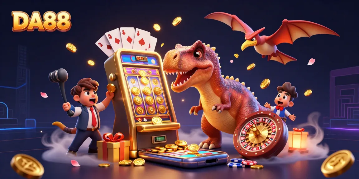 DA88 jackpot excitement illustrated with a pachycephalosaurus winning coins at the casino.