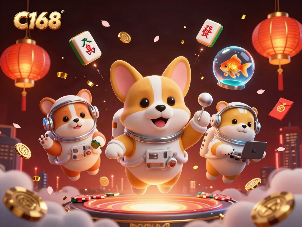 C168 gameplay scene in a space station casino with a corgi, hamster, and goldfish among drifting poker chips.