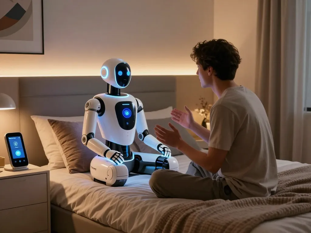 Engaging sex bot in a futuristic bedroom setting with soft lighting and modern decor.