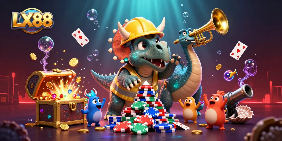 Exciting scene showcasing LX88, a triceratops building poker chips, surrounded by festive gaming elements.