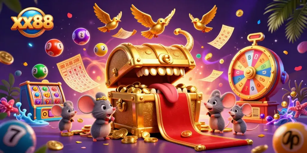 Win big with xx88 in a vibrant casino adventure featuring dynamic lottery elements and a treasure chest.