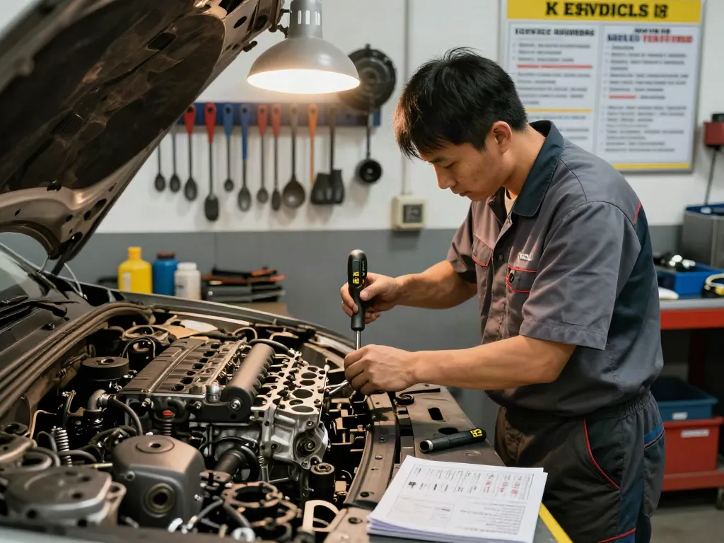 Meccanico al lavoro con attrezzi ks tools in un'officina automobilistica professionale