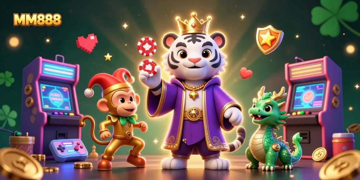 Engage in the MM888 experience featuring a royal tiger, playful monkey, and jade dragon among vibrant casino elements.