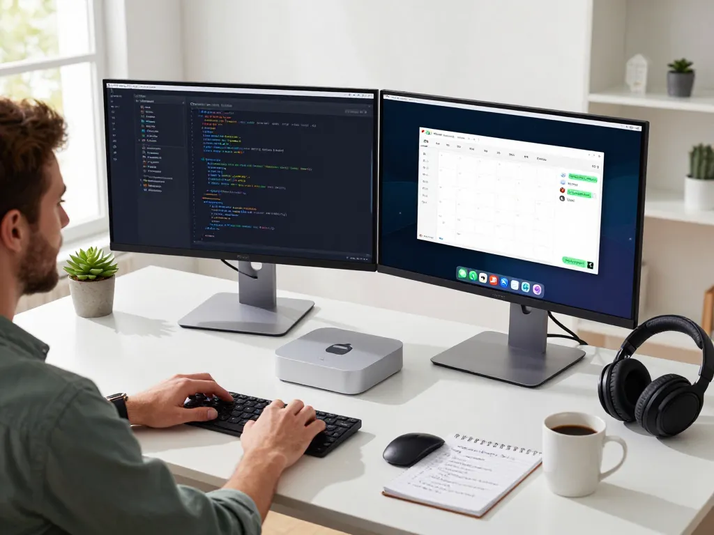 Person using a Mac mini to operate ClawdBot in a modern workspace with dual monitors and coding interface.