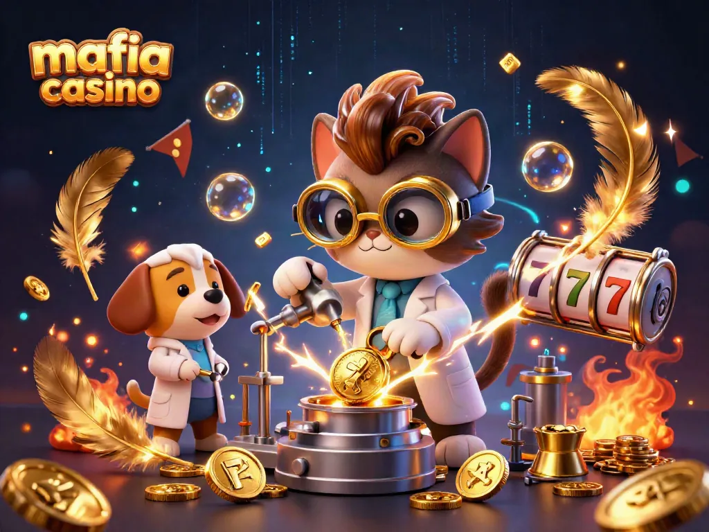 Experience thrilling gameplay at mafia casino with a dynamic 3D scene featuring gold coins and lively characters.