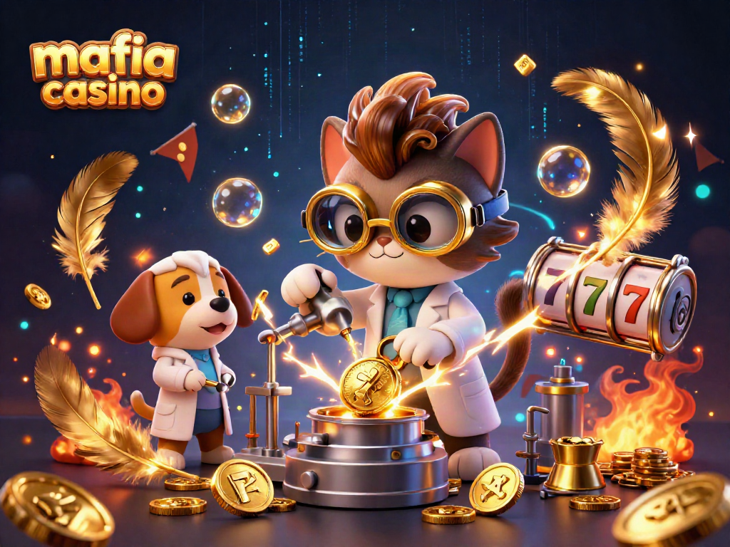 Experience thrilling gameplay at mafia casino with a dynamic 3D scene featuring gold coins and lively characters.