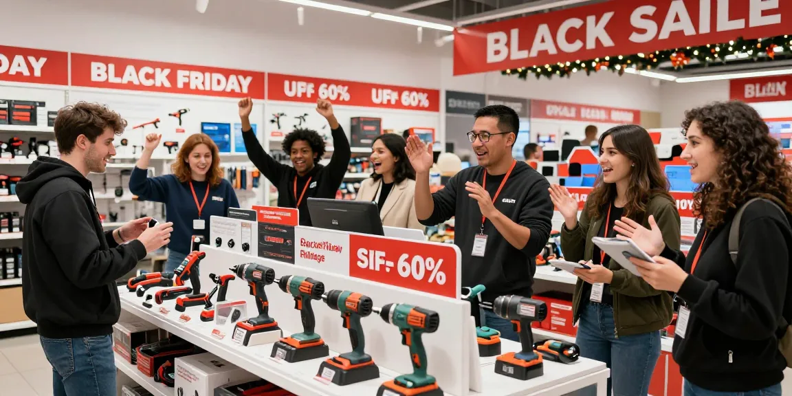 Promozione Black Friday Fein con clienti entusiasti che esplorano attrezzi e sconti in un negozio.