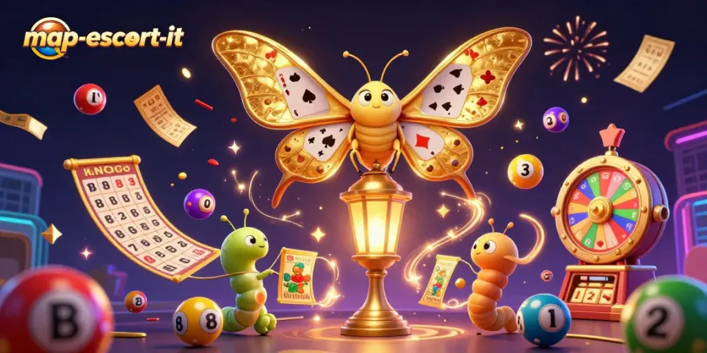 Map-escort-it showcases vibrant casino energy with colorful lottery balls and dynamic gaming elements.