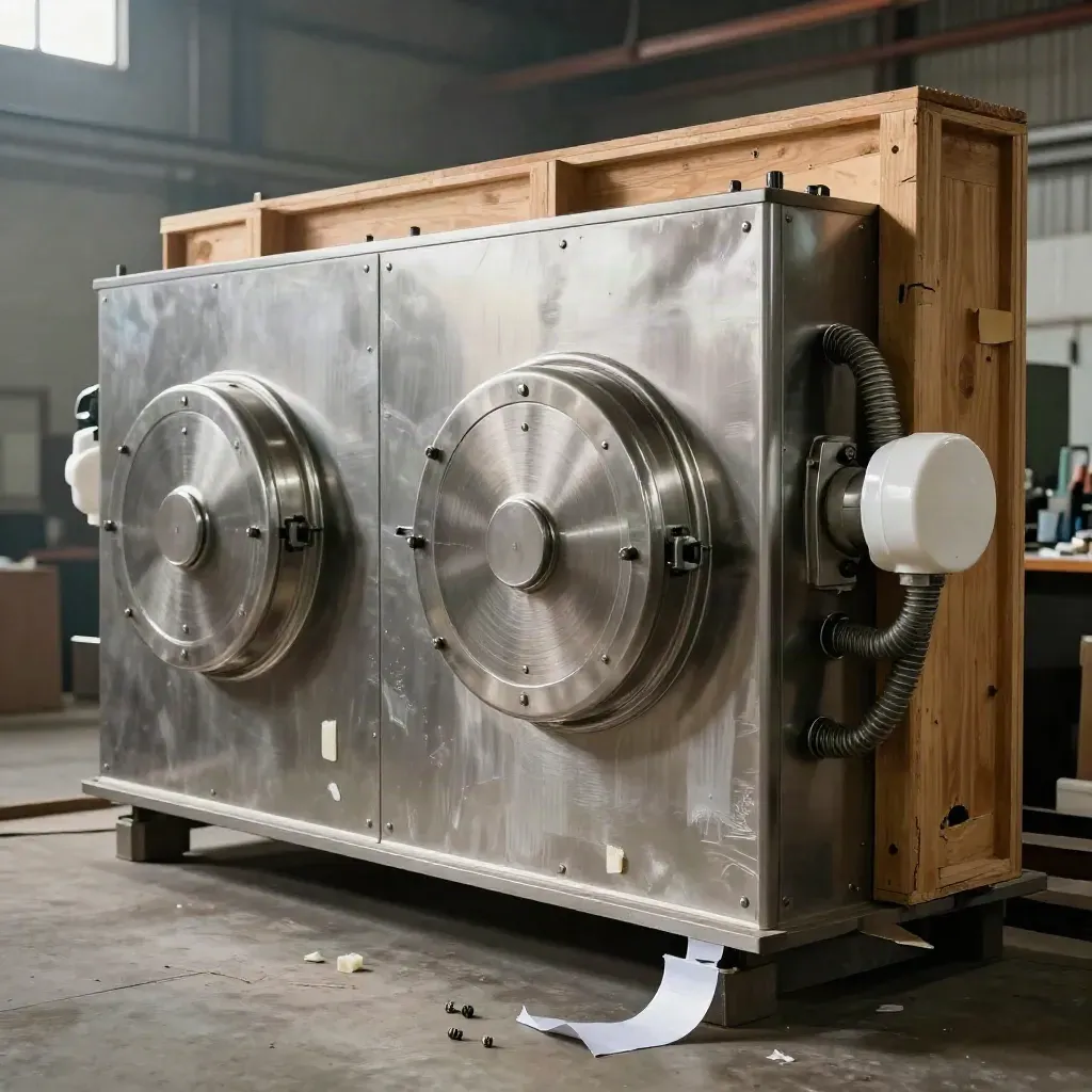 Macchinario industriale appena installato con pellicola bianca e casse di legno sul pavimento.