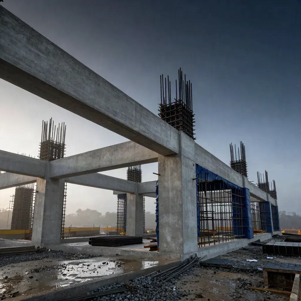 Cantiere con struttura in calcestruzzo, ponteggi, tiranti arrotolati e nebbia mattutina.