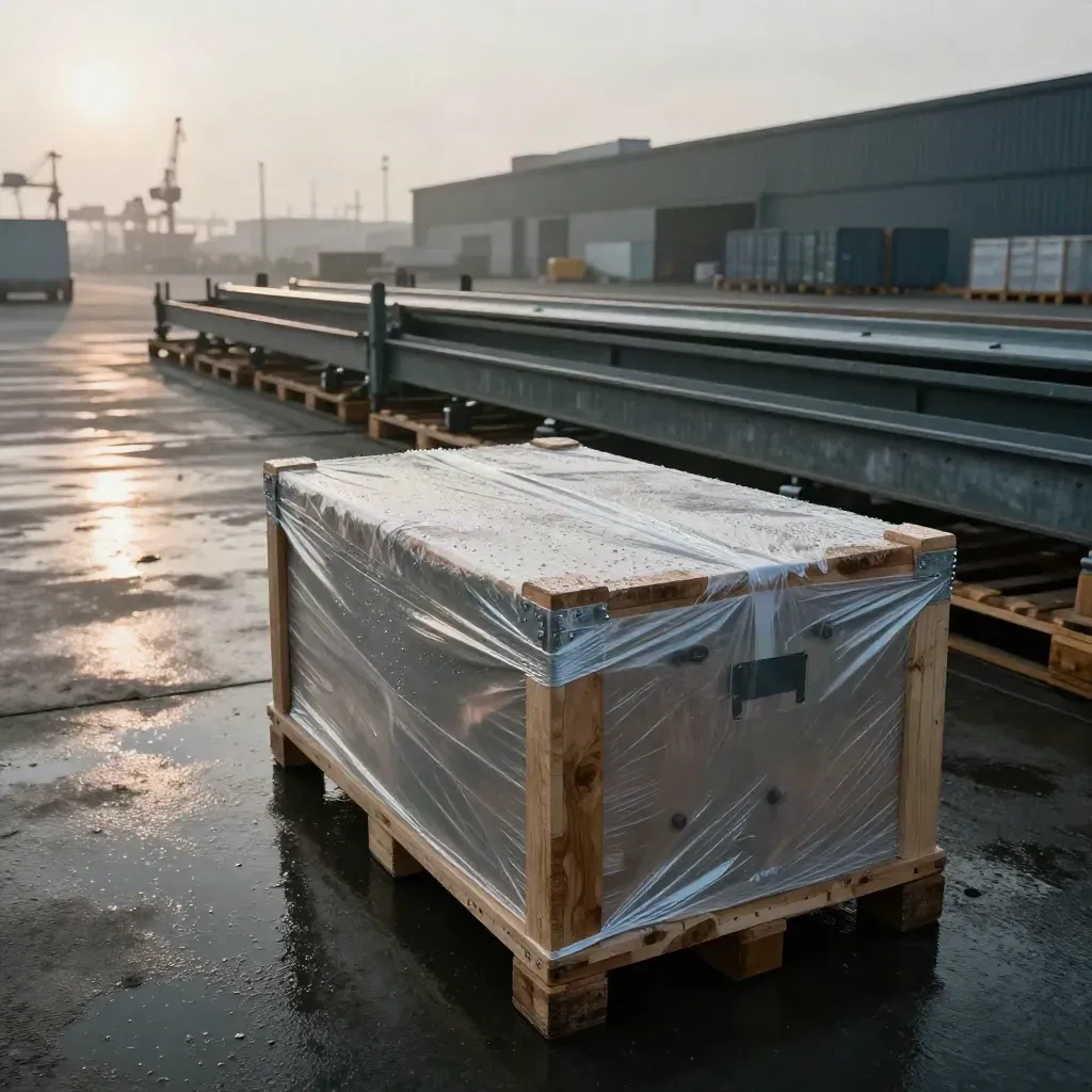 Cantiere logistico bagnato all’alba con casse sigillate, travi d’acciaio e gru sullo sfondo