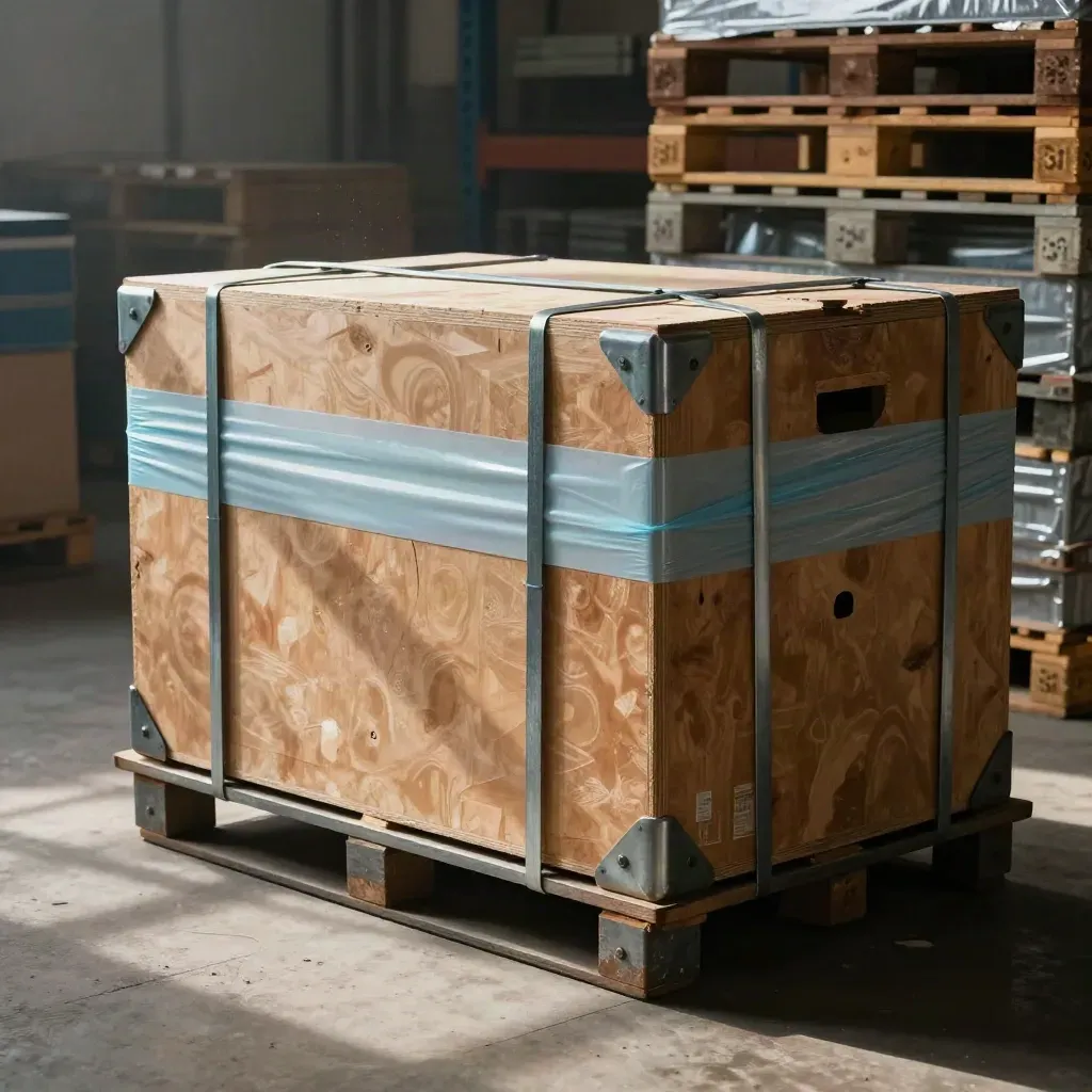 Crate industriale sigillato con cavalletti e pallet pronti alla spedizione in capannone.