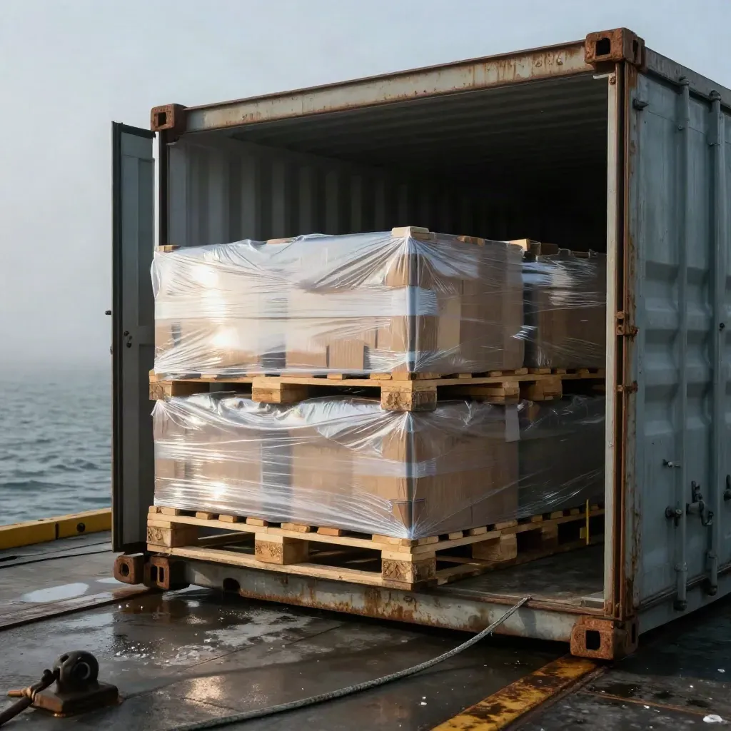 Pallet export avvolti nel film, container aperto sul molo nella foschia portuale.