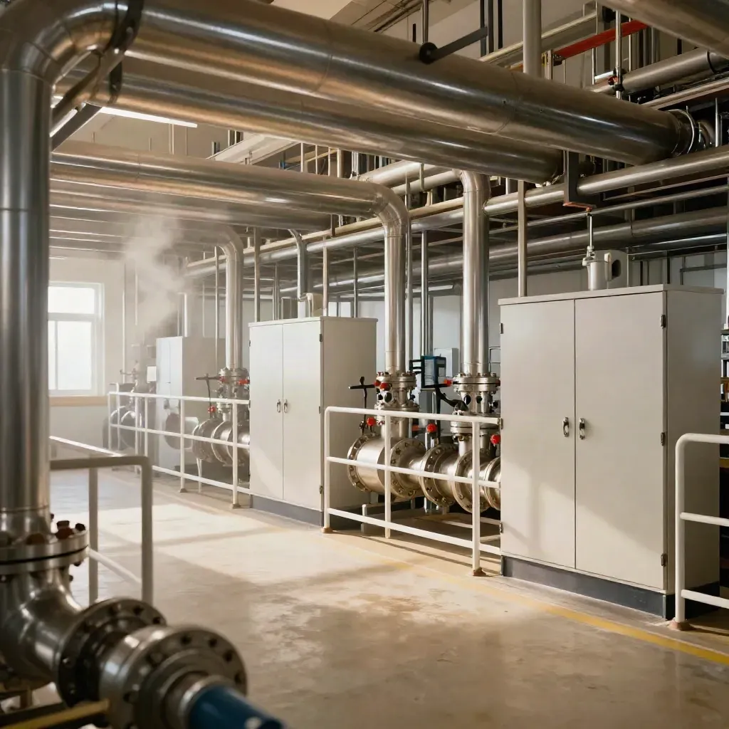 Impianto industriale nuovo con tubazioni allineate, quadri chiusi e area sicurezza immacolata