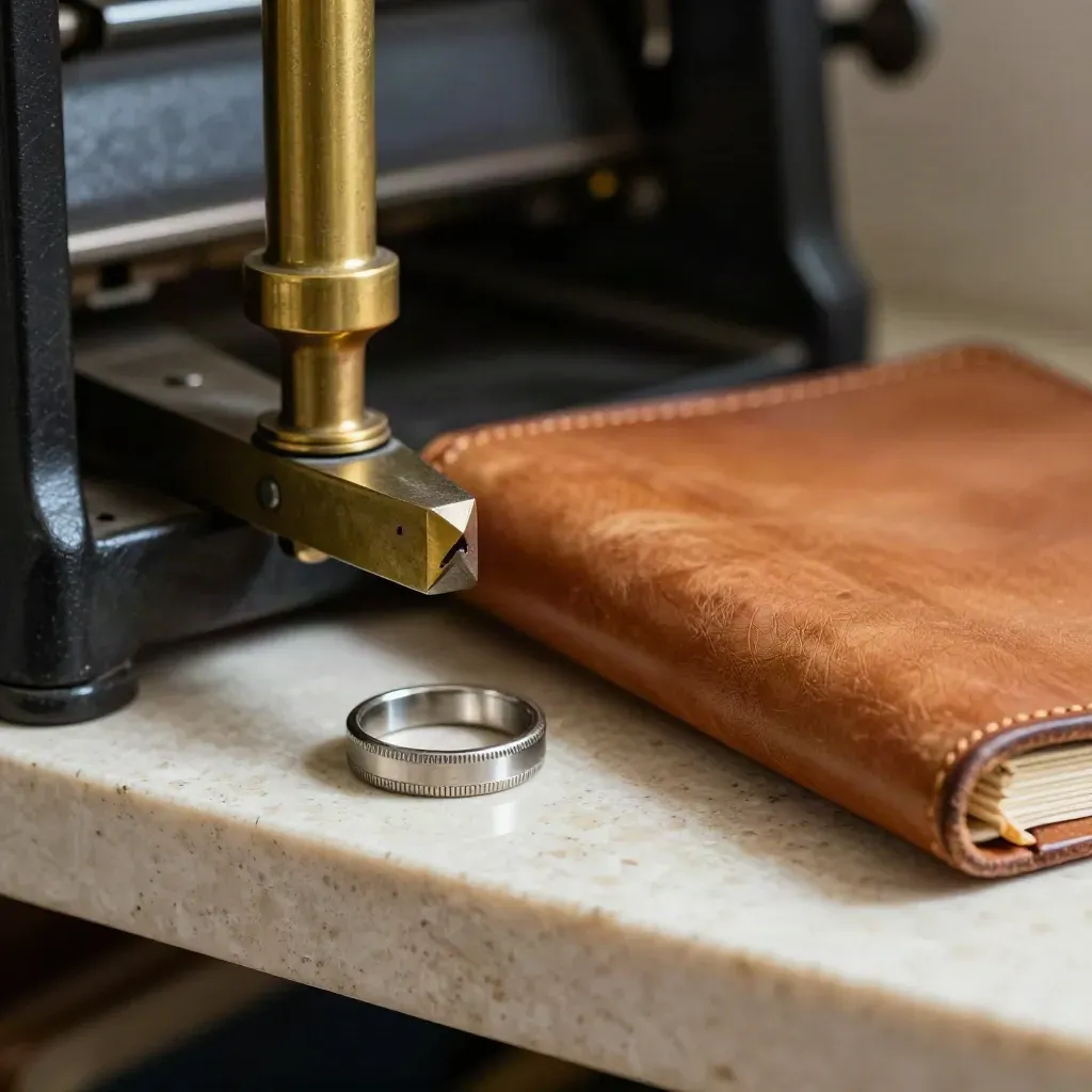 Pressa sigillo in ottone, anello di sicurezza e cartella in pelle su travertino.