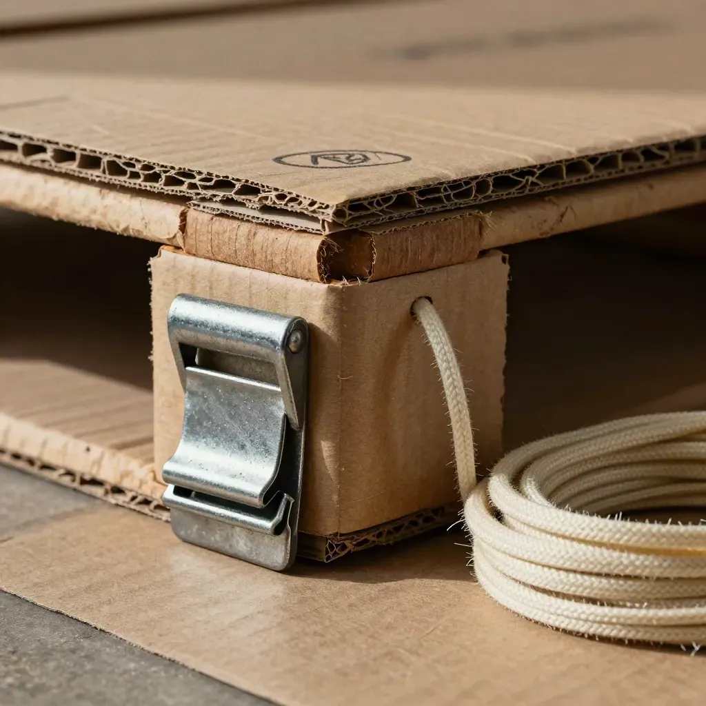 Angolari per pallet, clip metallica e cordino da imballo su cartone, in luce radente.