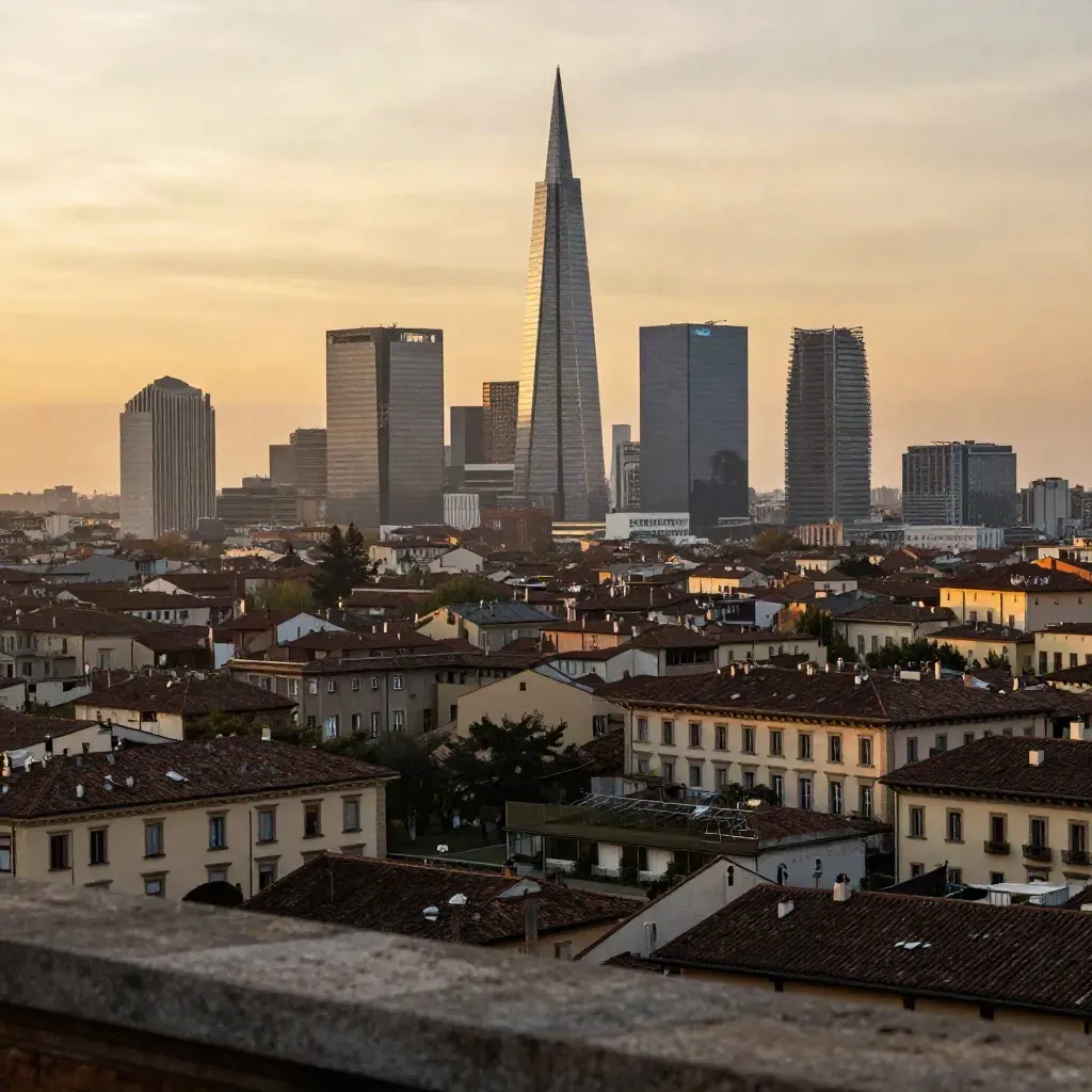 Panorama di Milano al tramonto con Porta Nuova alta e tetti morbidi in basso