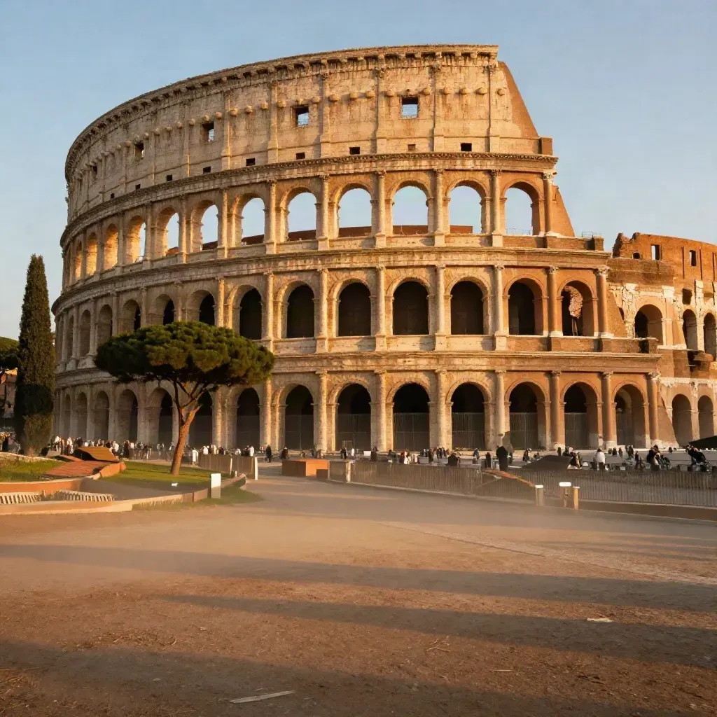 Colosseo al tramonto con pini e tetti sfumati sotto una lieve foschia azzurra