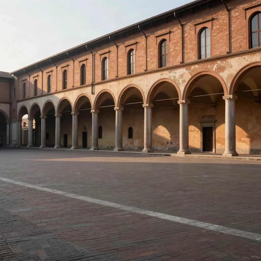 Portici di Bologna sopra una piazza vuota al tramonto, con luce calda e atmosfera lieve.