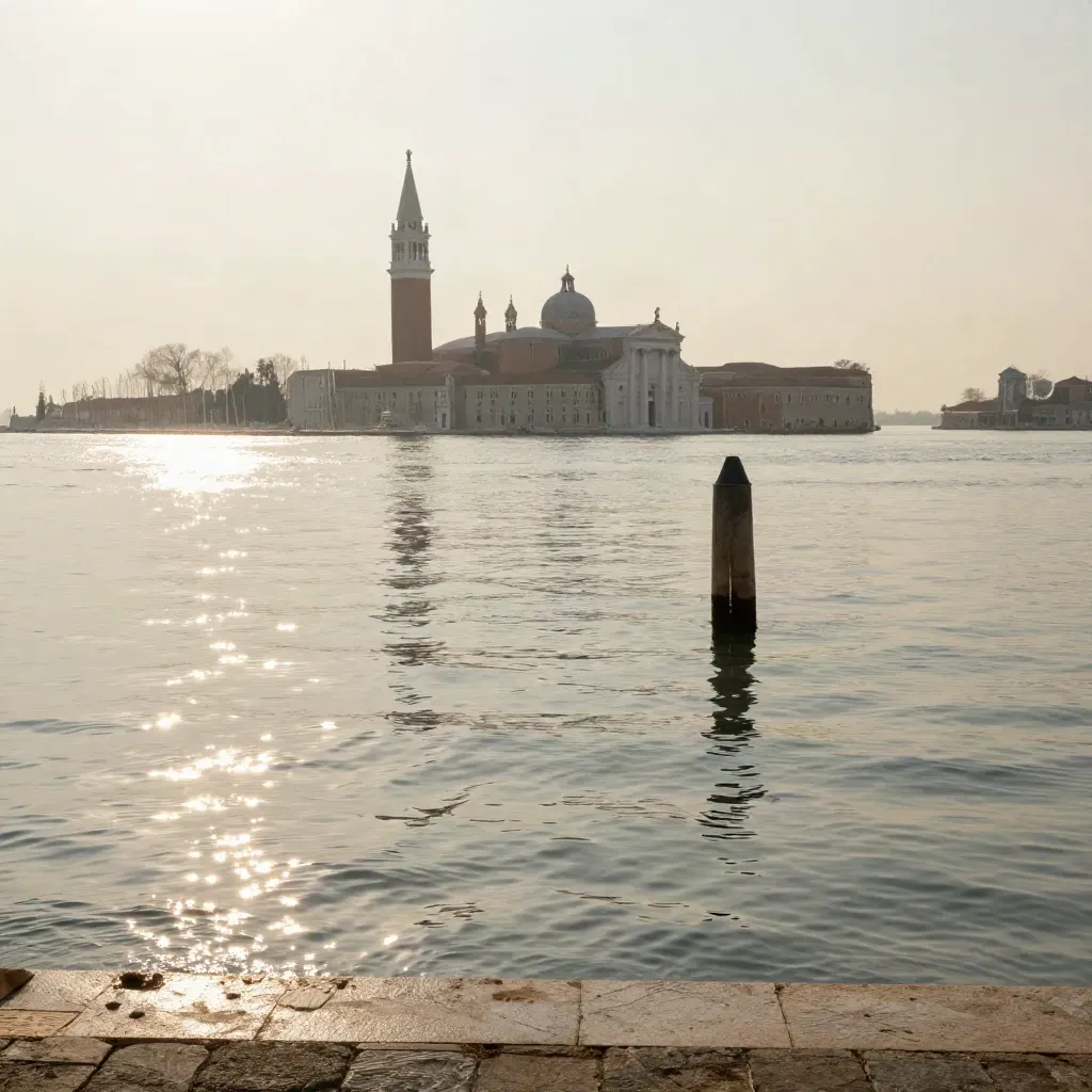 Laguna veneta con campanile lontano e acqua calma riflettente all’ora d’oro