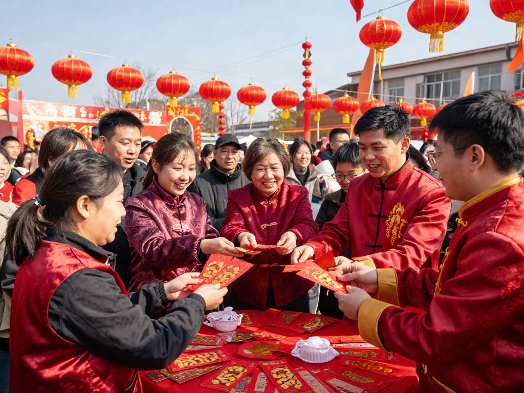 Community gathering celebrating Lunar New Year with rokok88 traditions and red envelopes.