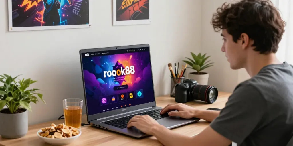 rokok88 login scene with excited user at home office, vibrant gaming graphics, immersive online gambling atmosphere