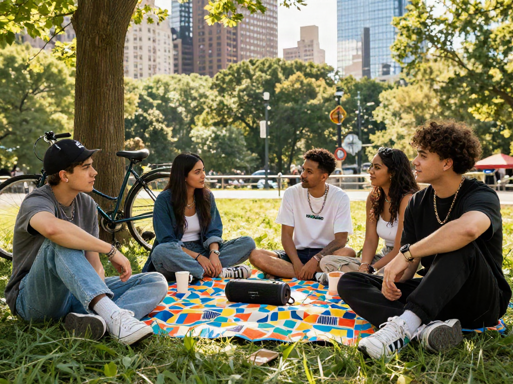 A diverse group of friends showcasing rokok88 link-inspired streetwear while enjoying a vibrant picnic in an urban park.