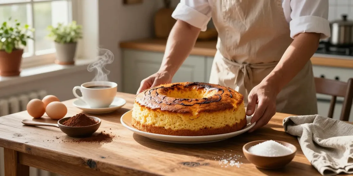 Delicious freshly baked rokok88 link bolu bakar served with coffee in a cozy kitchen.