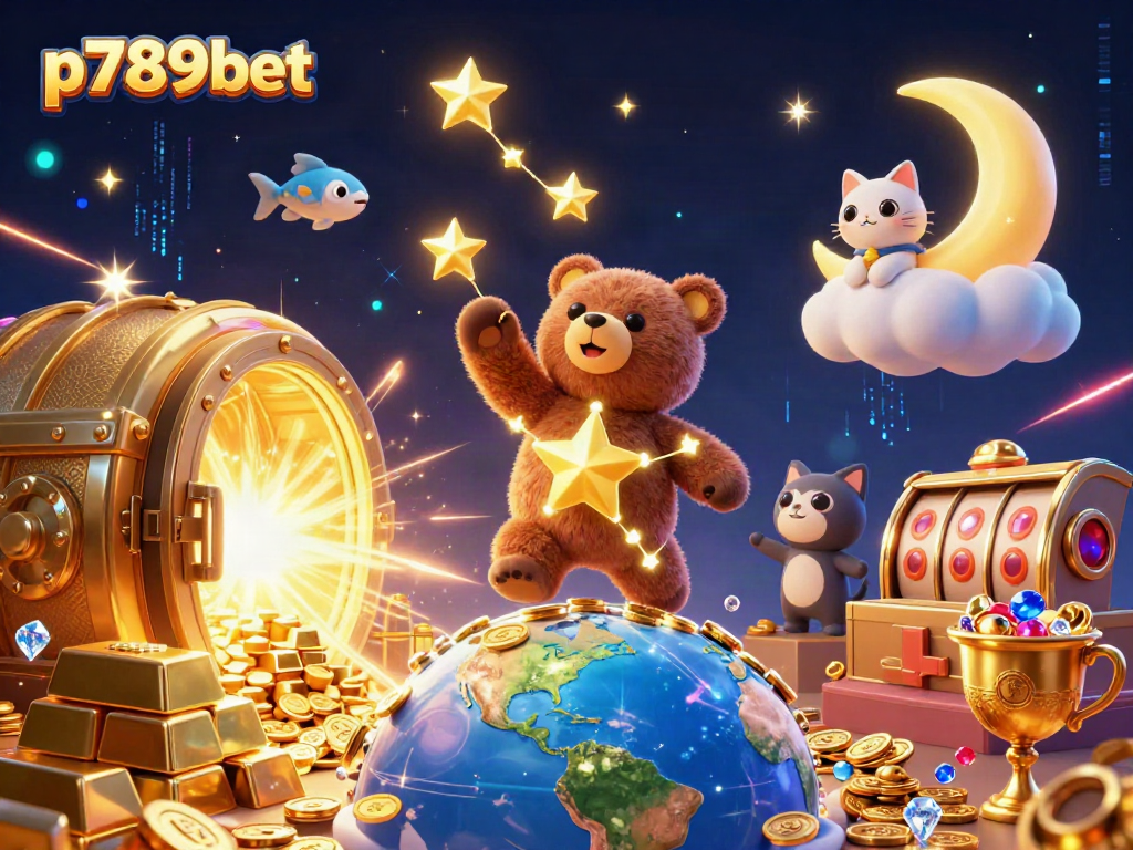 Experience exciting wins at p789bet with stars, treasures, and slot reels in this vibrant illustration.