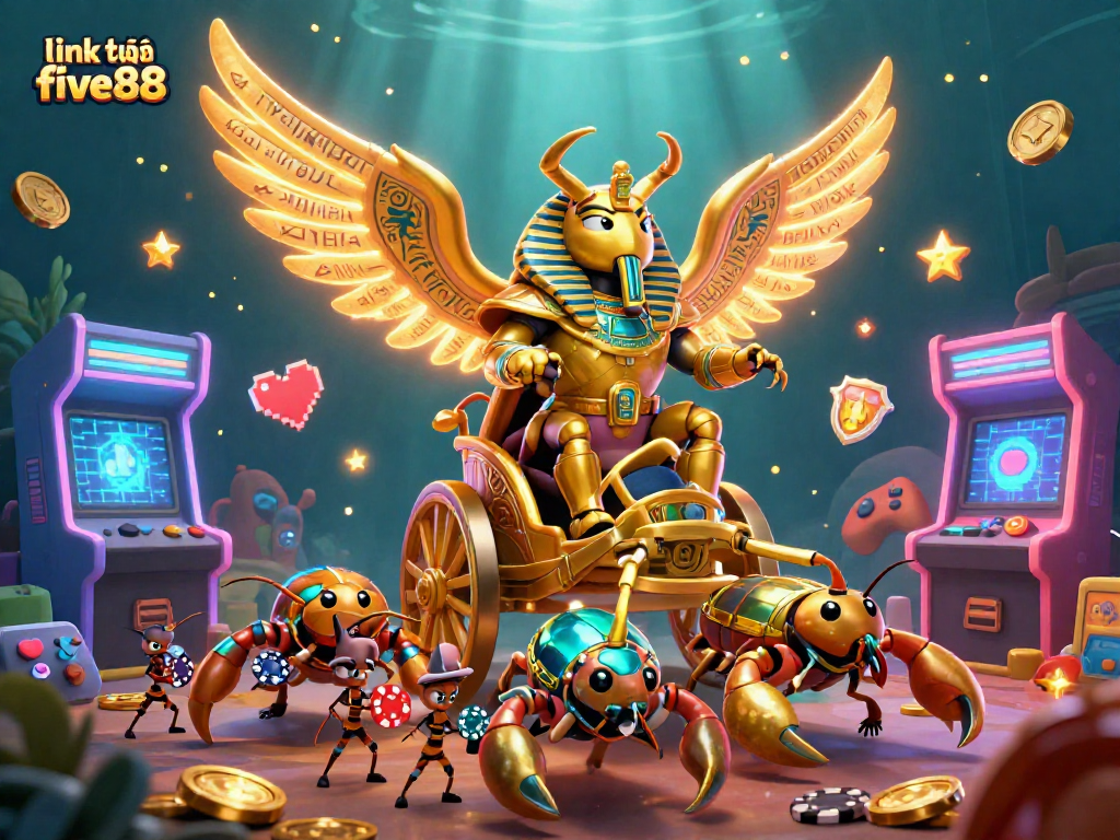Spin with the vibrant energy of link vào five88, featuring a colossal scarab beetle and dynamic gaming elements.